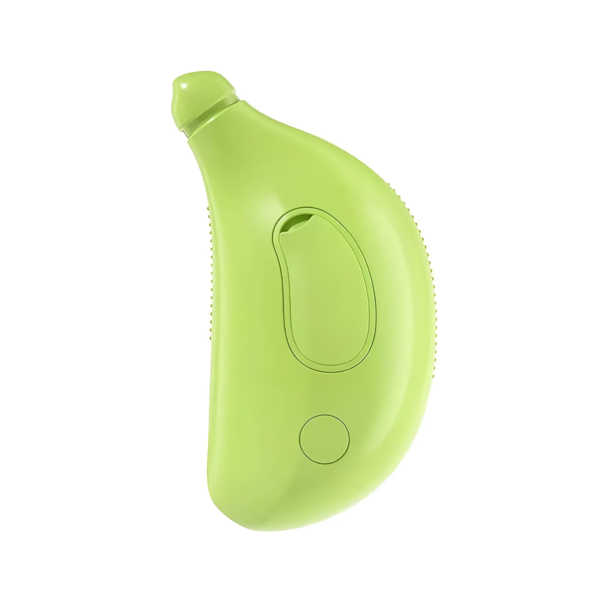 Green rechargeable cat steam brush with cat paw design showing detangling teeth and massage functions