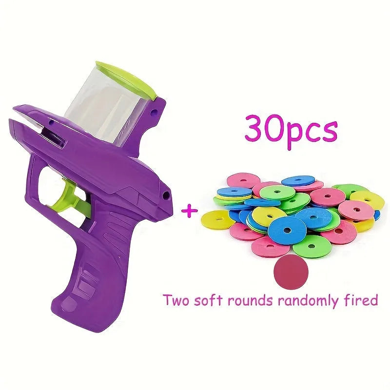 Interactive cat toy launcher with foam discs in green and purple colour options