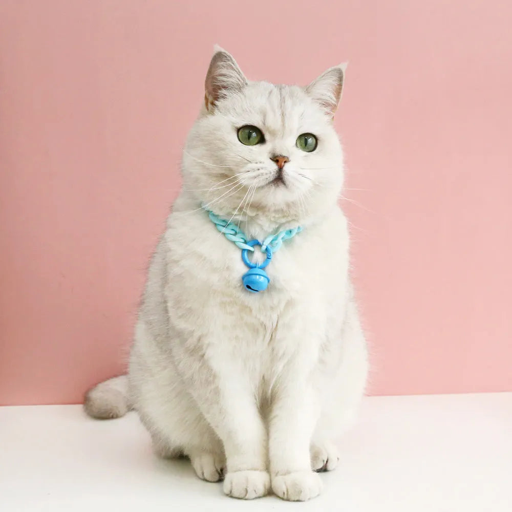 Macaron candy coloured plastic pet collar for cats, dogs, or rabbits on a chain.