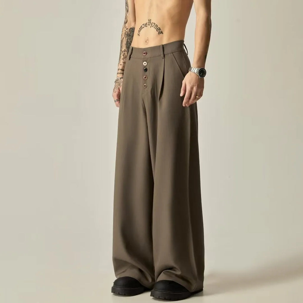 Men's black vertical tube wide-leg trousers showing cotton blend fabric texture and straight-leg silhouette