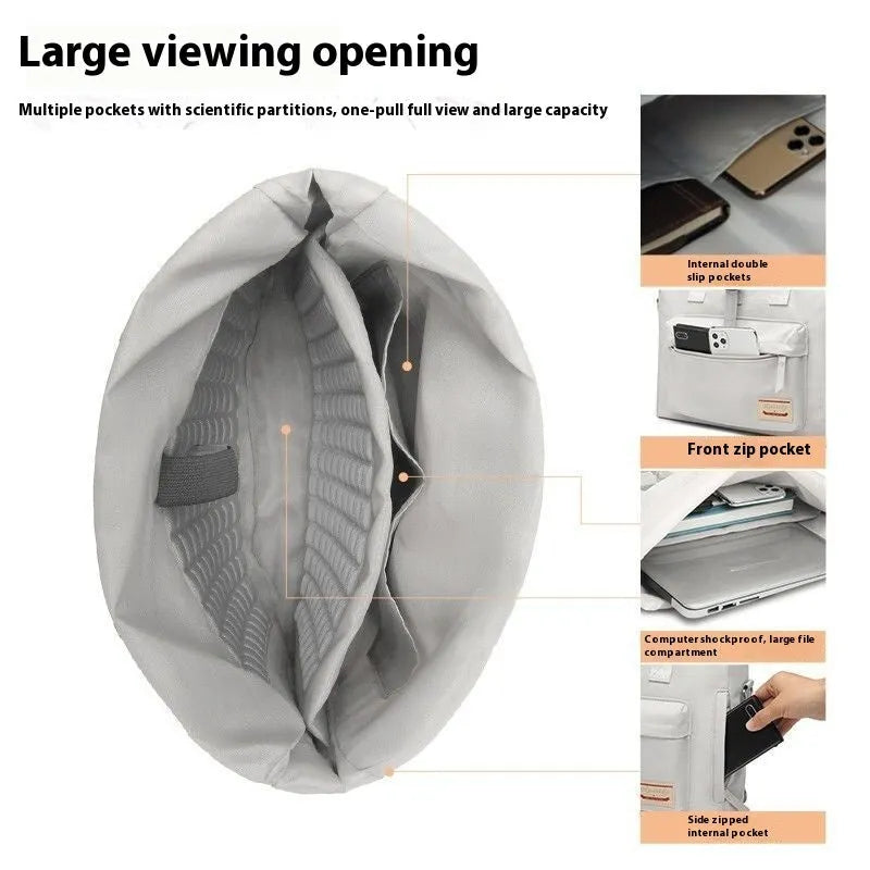 Shockproof anti-drop laptop bag in waterproof nylon shown in starry black colour with size dimensions displayed