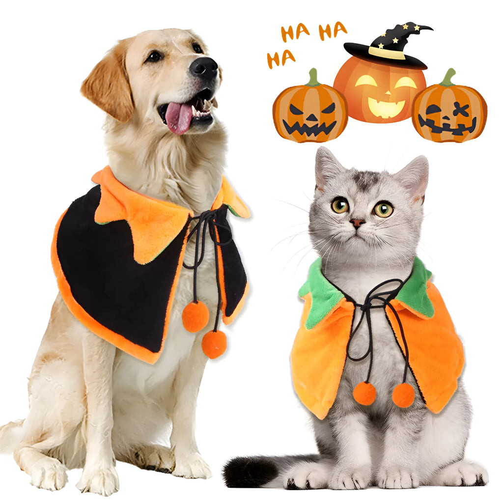 Orange pumpkin print reversible dog cloak Halloween costume with plush fabric