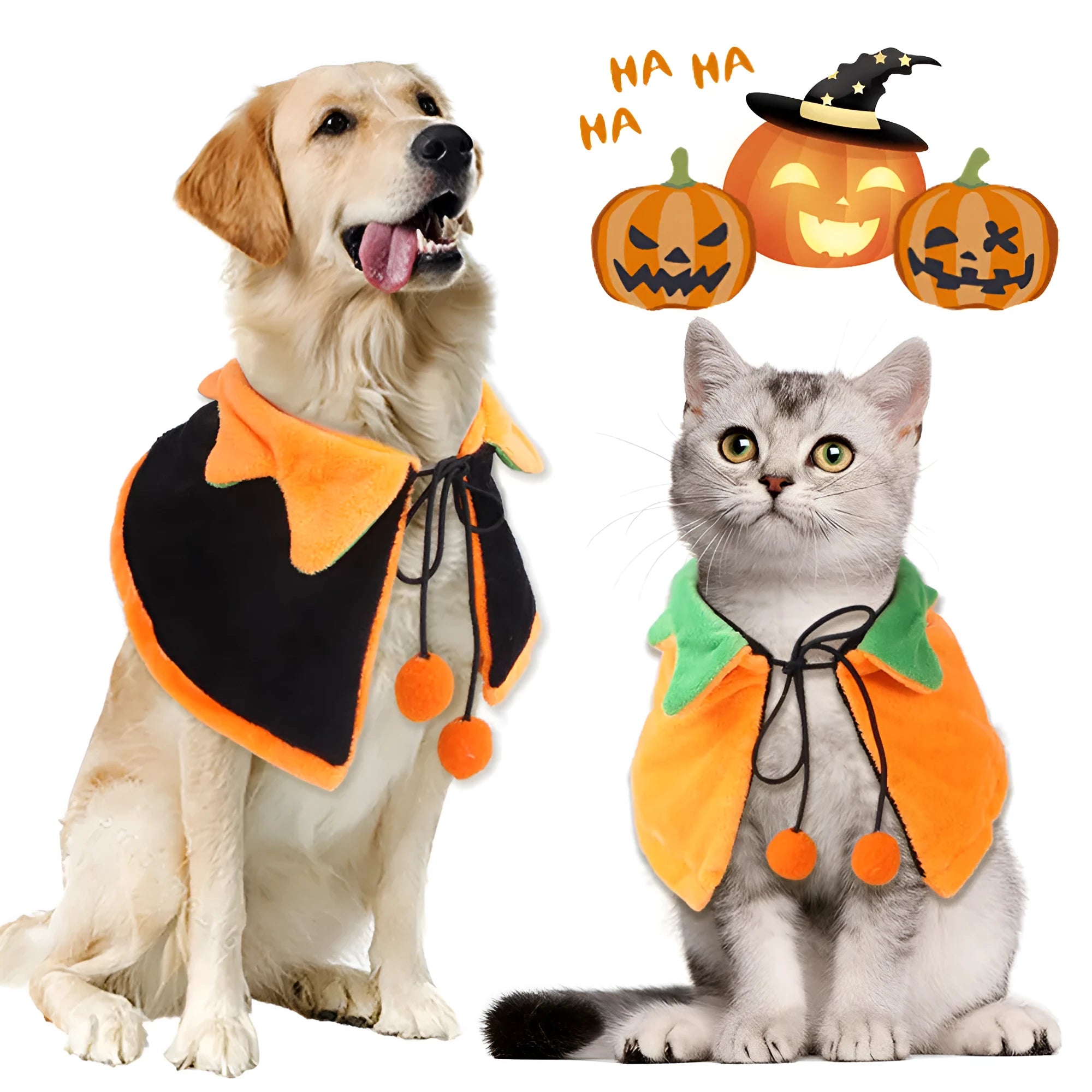 Orange pumpkin print reversible dog cloak Halloween costume with plush fabric