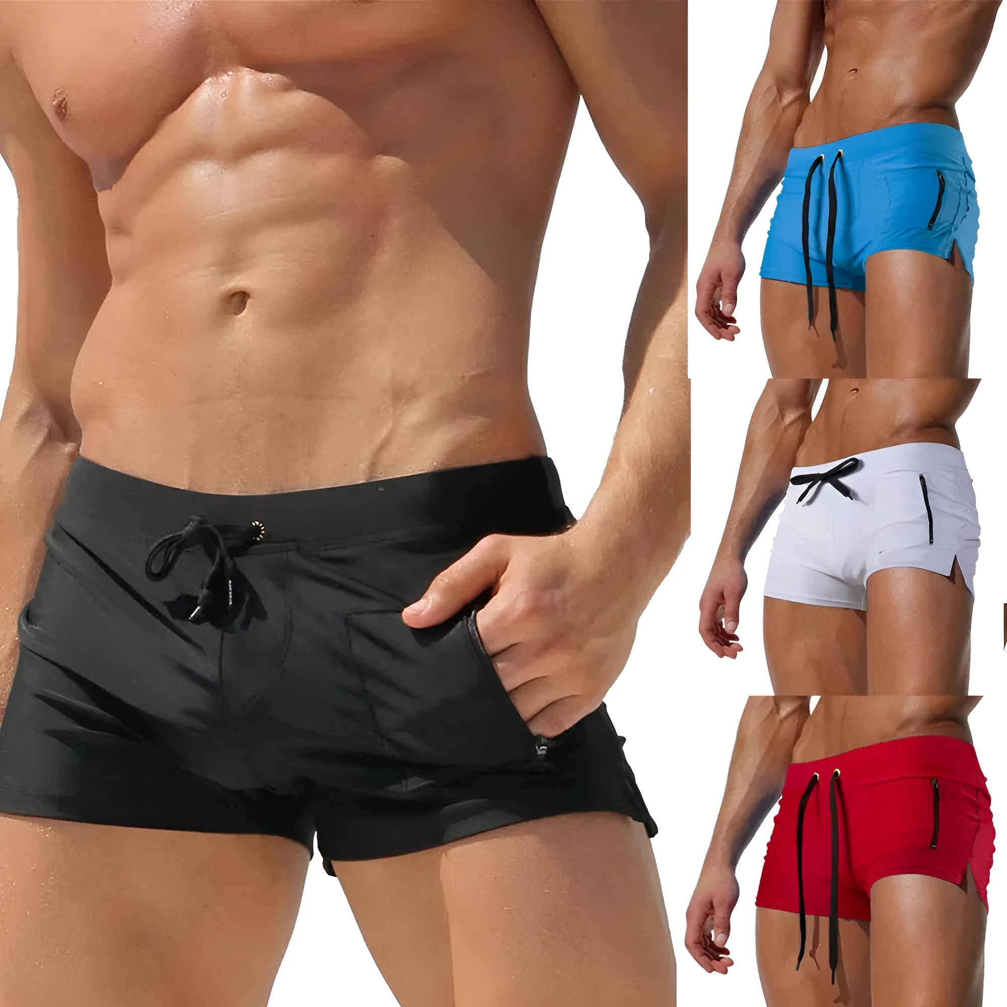 Men's black high waist swimming trunks with a front lace-up closure, shown on a model.