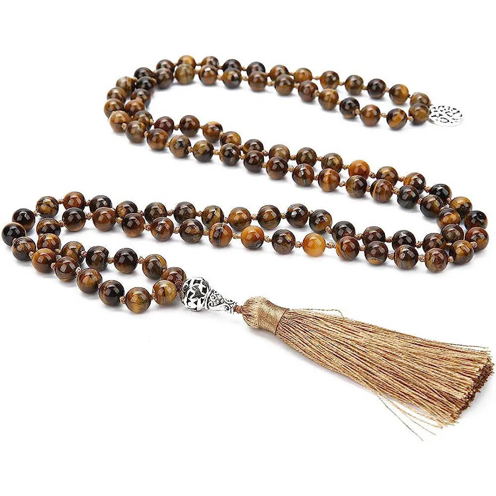 Handmade knotted beaded necklace with 108 stone beads on an 81cm chain