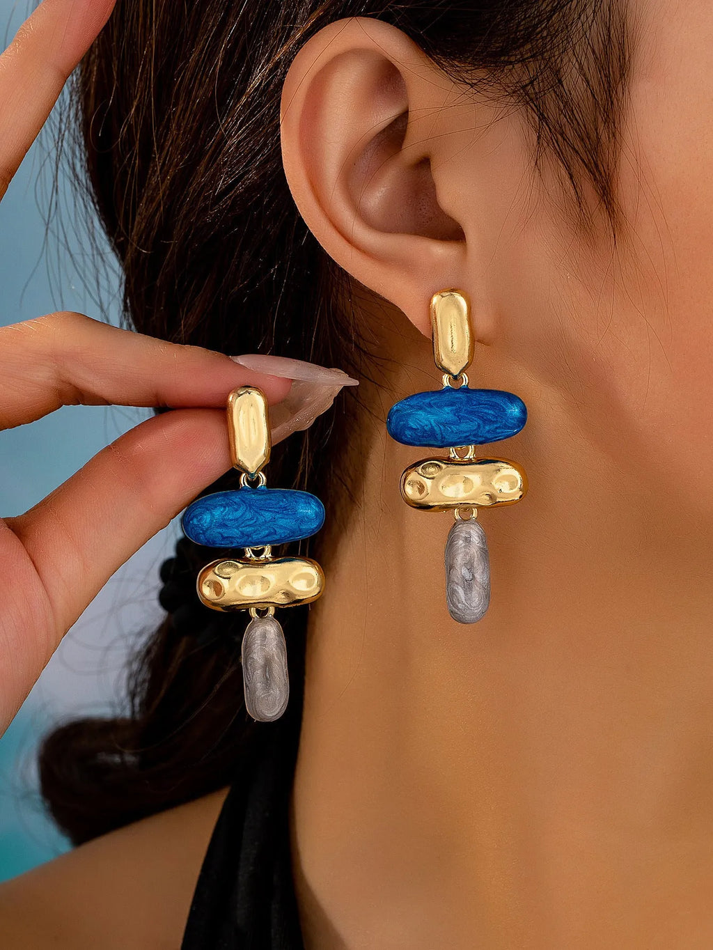 Geometric zinc alloy stud earrings with electroplated finish in multiple colour options