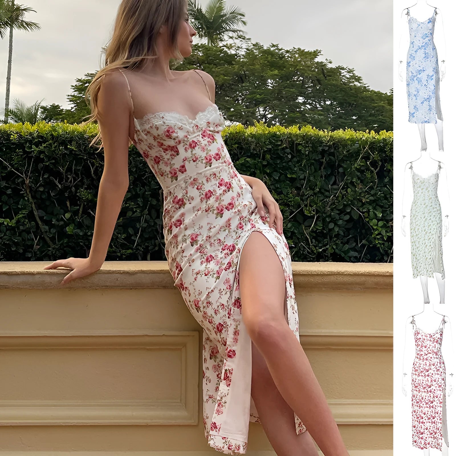 Women's blue lace print long dress with suspender straps and a thigh-high side slit.
