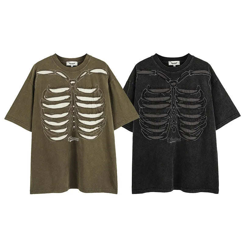Black cotton T-shirt with a large white skull and letter graphic print, showing loose fit and drop-shoulder sleeves.