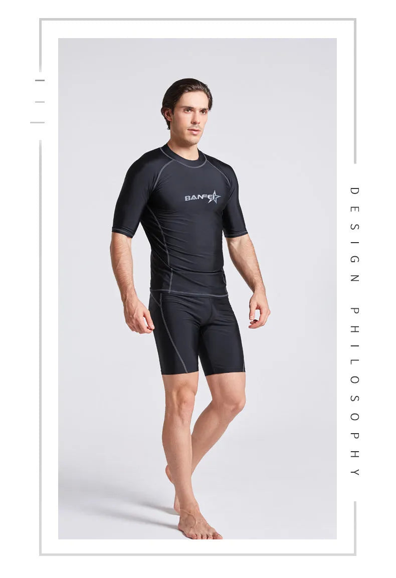 Men's quick-drying half sleeve swimsuit set in nylon fabric with matching swim pants