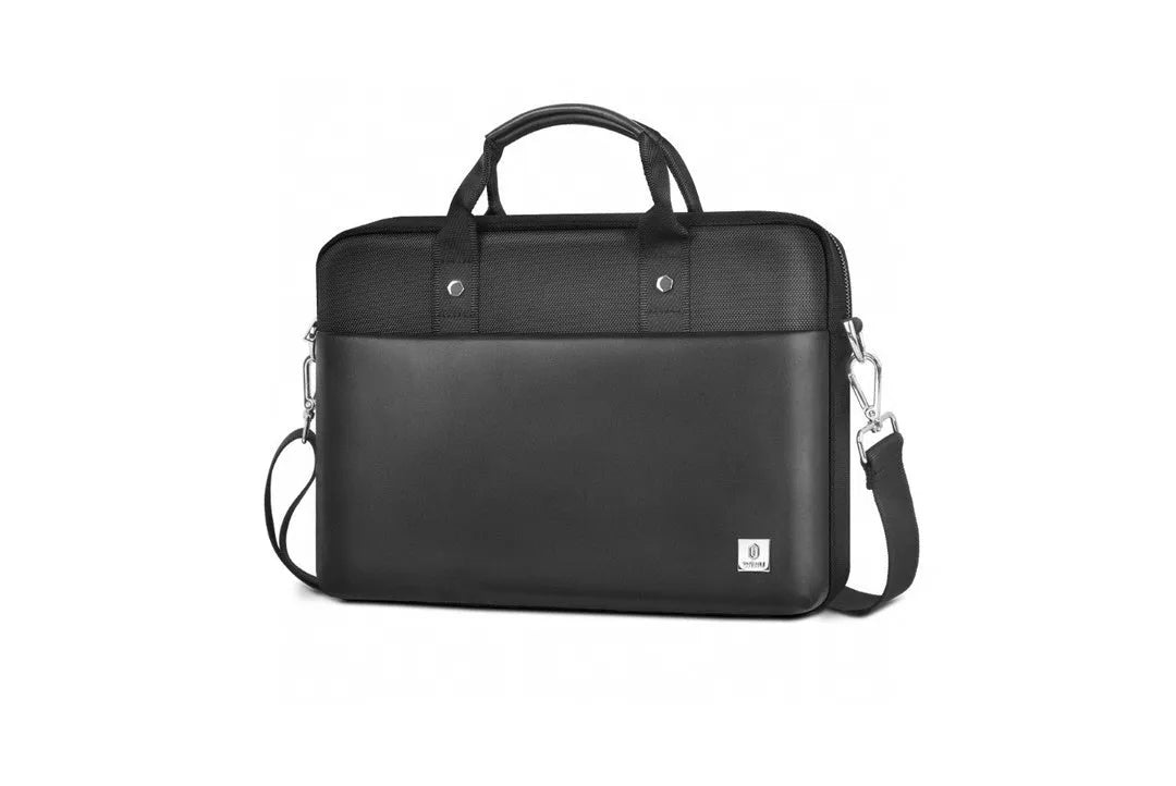 Black Oxford cloth laptop backpack with multiple pockets and a lock, shown in 14 inch and 15.6 inch sizes.