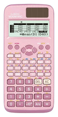 CASIO FX-991EX scientific calculator in black, blue, or pink with solar panel and display.