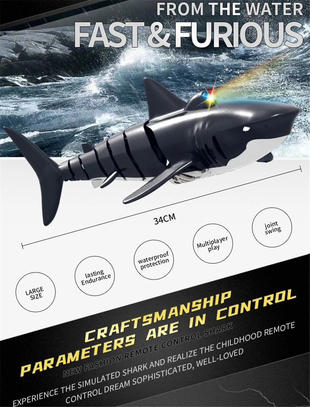 Remote control shark boat water toy for children with handle controller, plastic body, colour box, and USB power option.