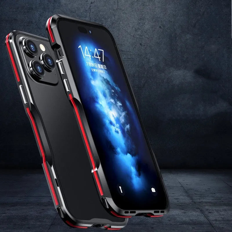 Metal bezel-proof phone case for Apple iPhone 14 series with screw-fit metal frame and secure grip