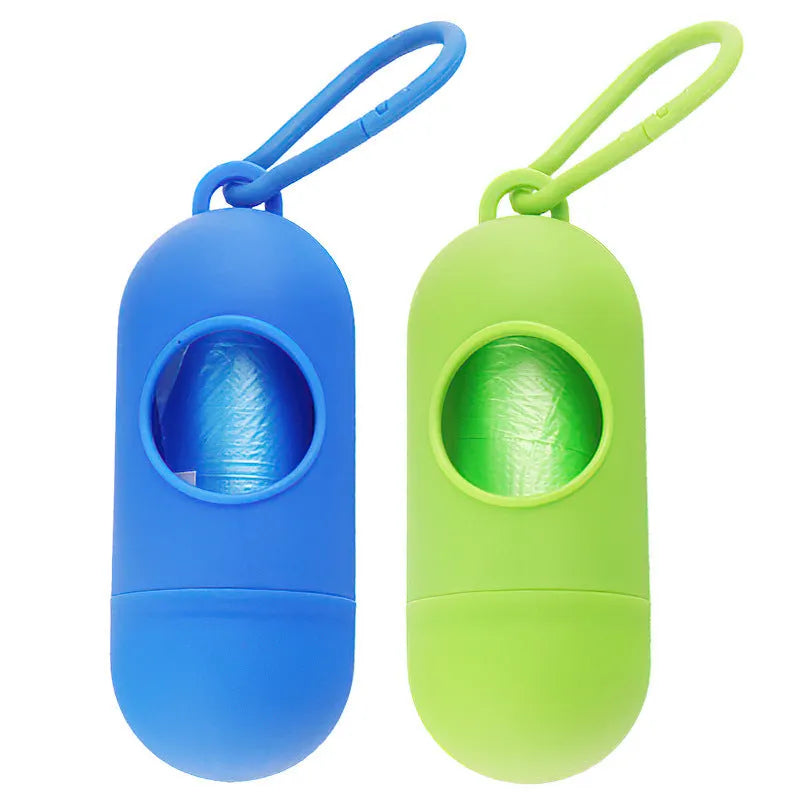 Compact dog poop bag holder dispenser with Velcro strap and side hook for attaching to leads or clothing