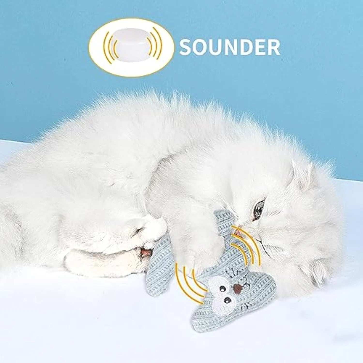 Cyan plush cat toy with a rope tail and bell, shown next to a light coffee coloured version.