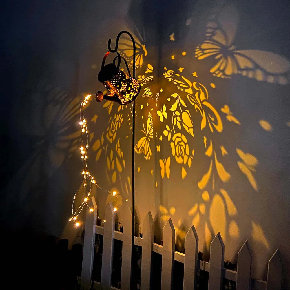 Solar garden lamp with butterfly pattern iron construction and warm white LED lighting