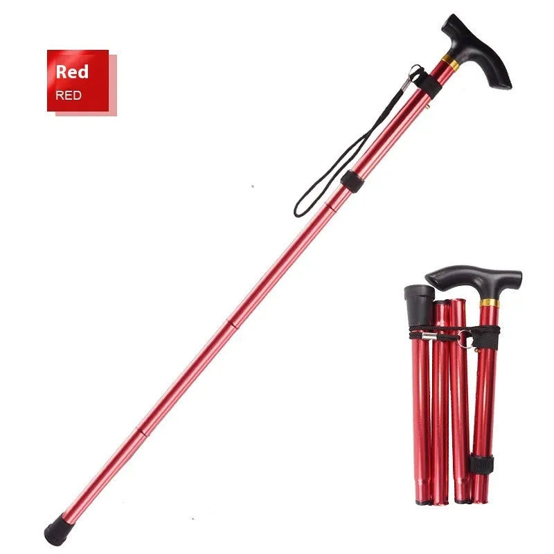 Adjustable aluminium folding walking cane extended to show telescopic design and non-slip handle