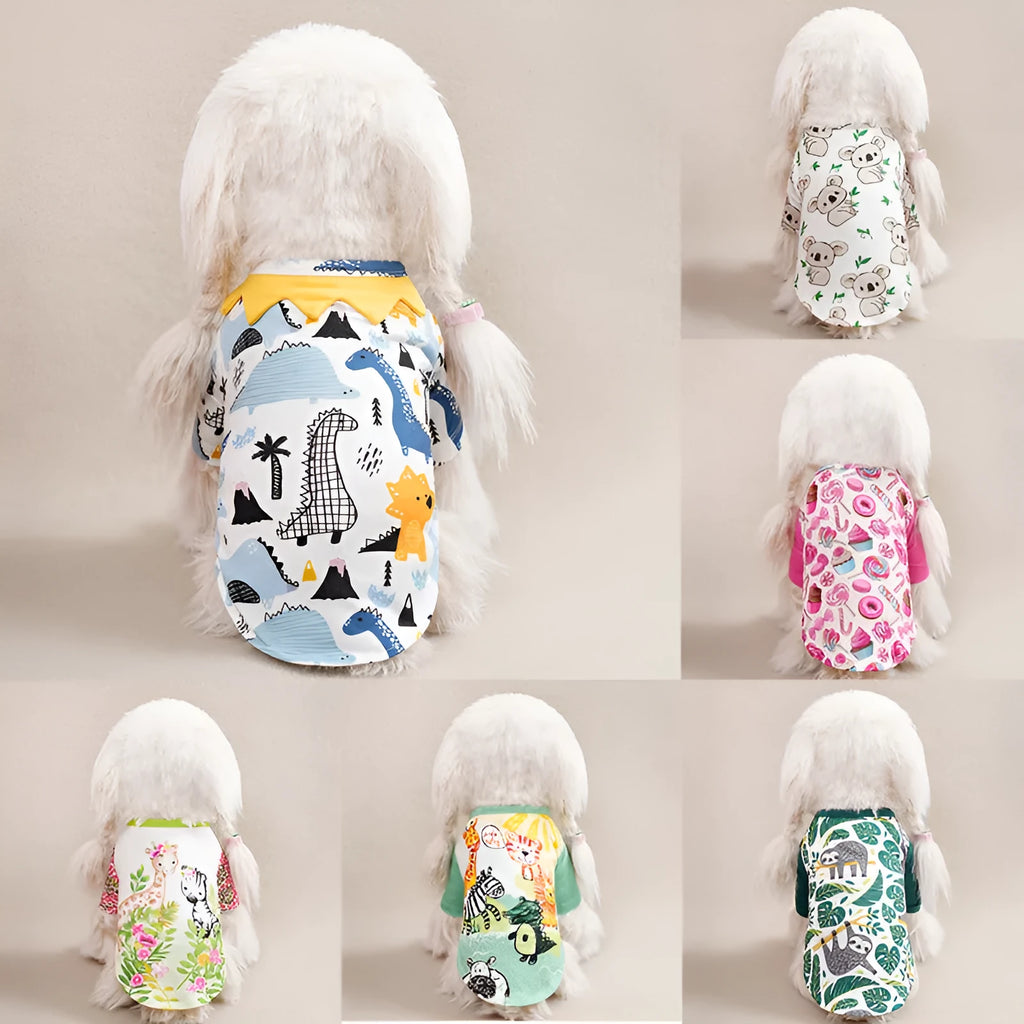 Polyester full printed dog T-shirt for small dogs in multiple colour options with size chart