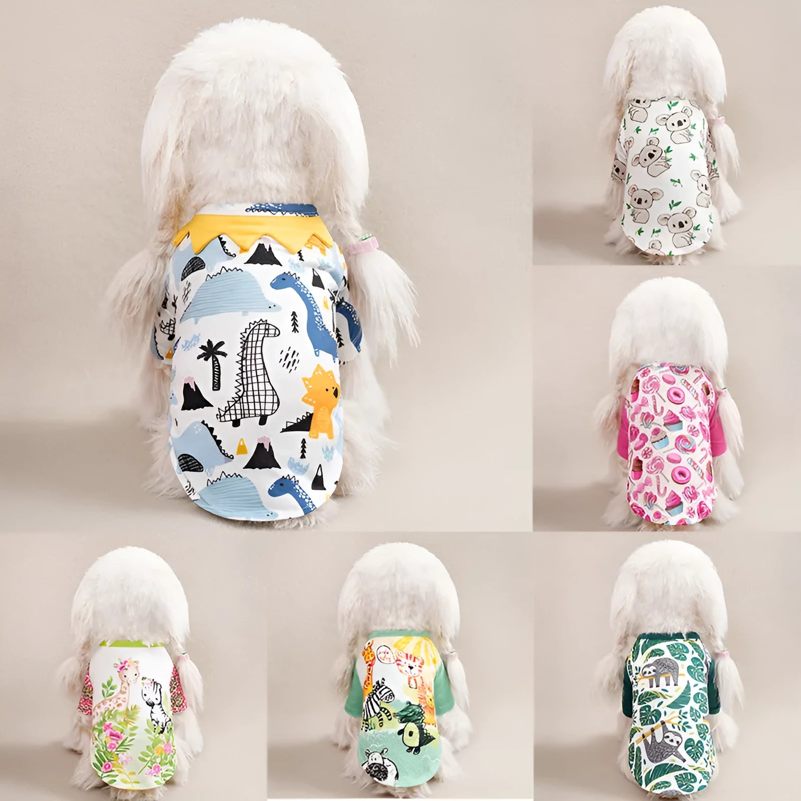 Polyester full printed dog T-shirt for small dogs in multiple colour options with size chart