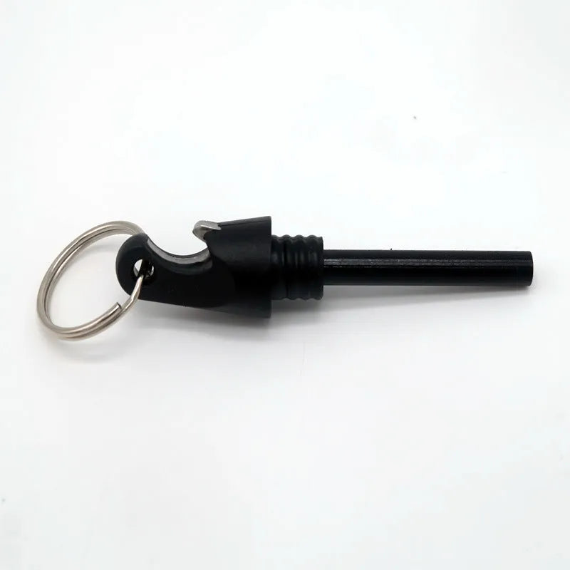 Black three-in-one fire starter bottle opener with tungsten carbide scraper and magnesium bar