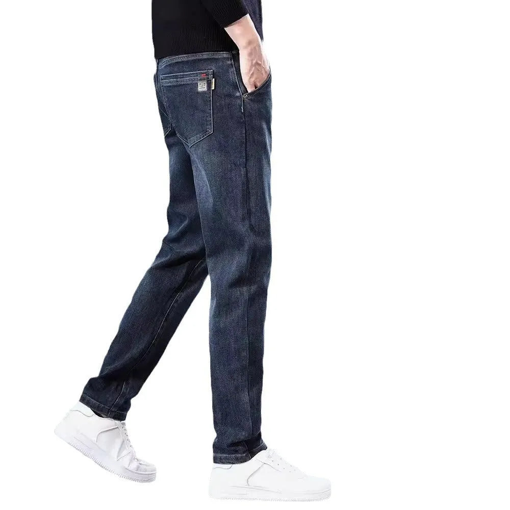 Slim straight casual trousers in polyester fabric with mid waist and zipper fly