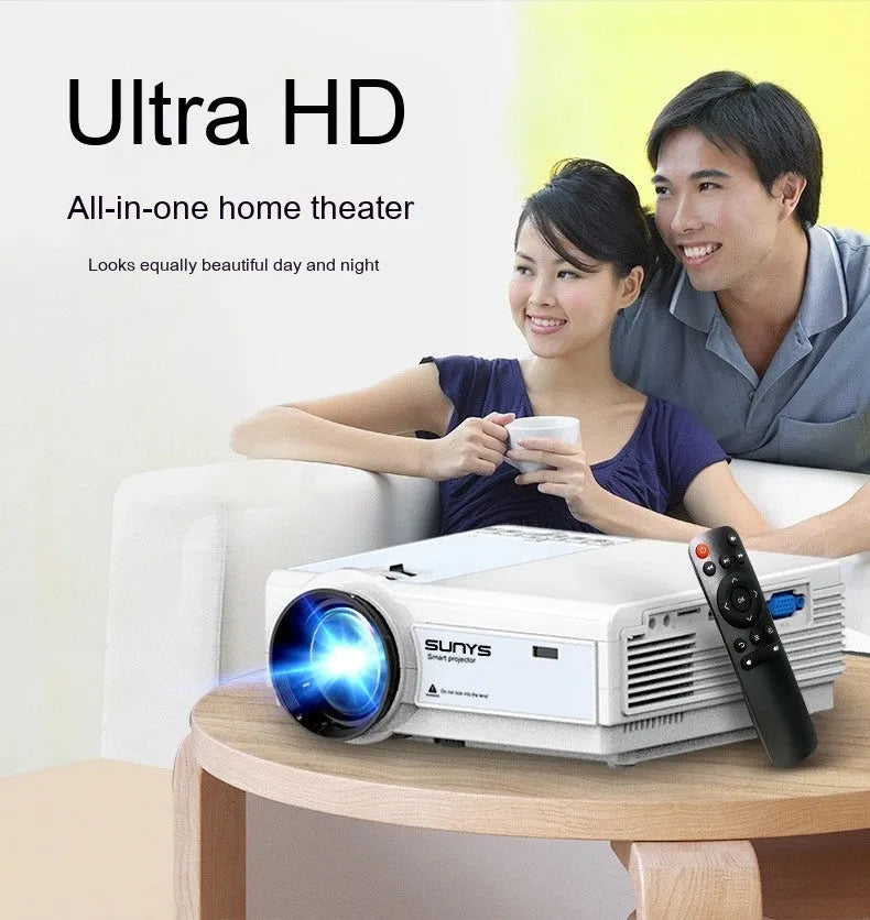 Portable HD projector in white with 1080p resolution and compact 185x199x75mm design