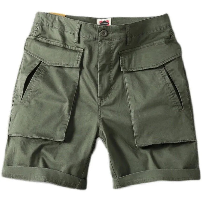 Men's straight leg cotton cargo shorts in khaki colour with multiple pockets.
