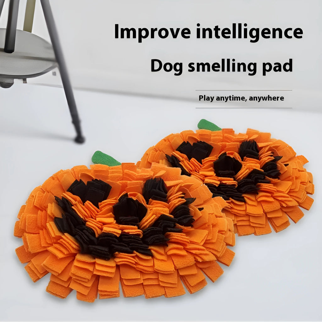 Orange pumpkin-shaped woollen pet training mat on floor with dog treats
