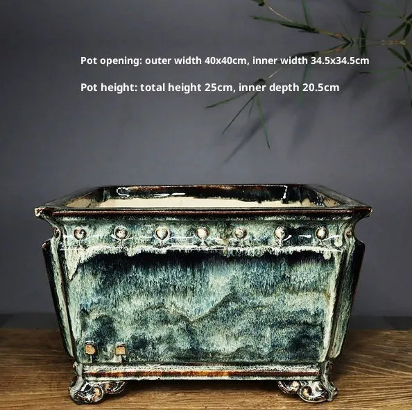 Large diameter ceramic flower pot with handmade crackle glaze surface in Chinese style, available in Dark, Light mung bean, or White.