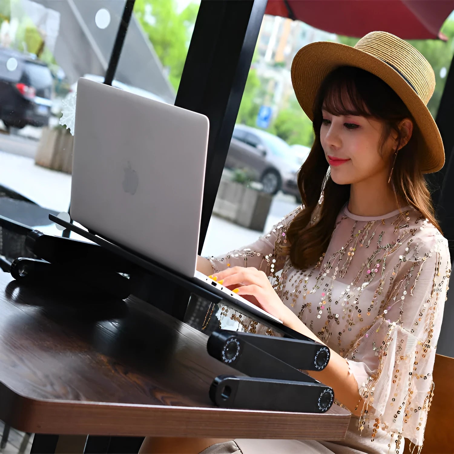 Red or black metal folding computer desk with cooling options in 420mm and 480mm sizes