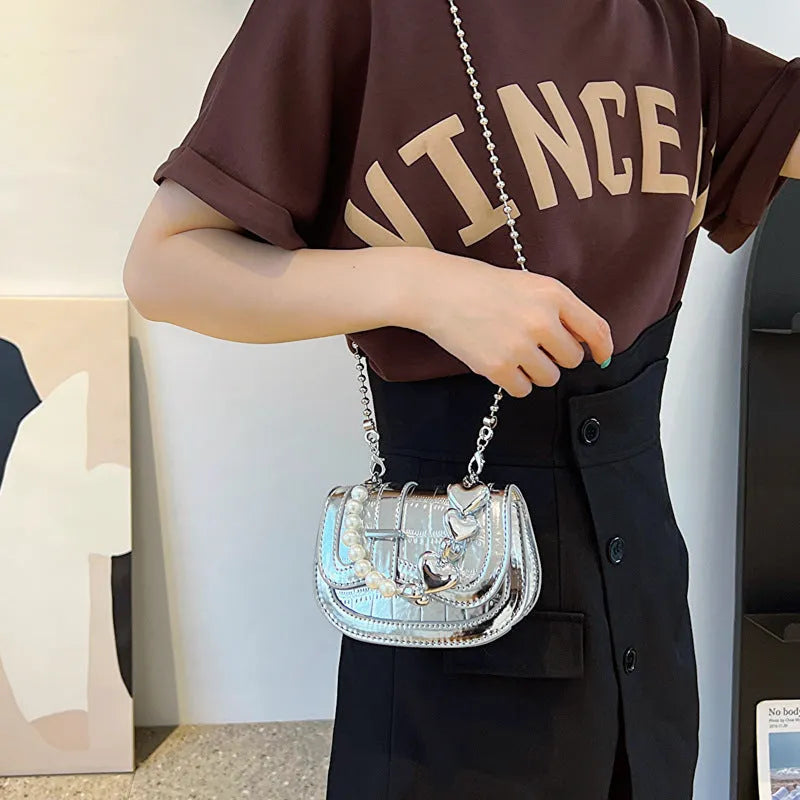 Women's PU leather crossbody bag with sandwich pocket design in silver black pink green gold colours