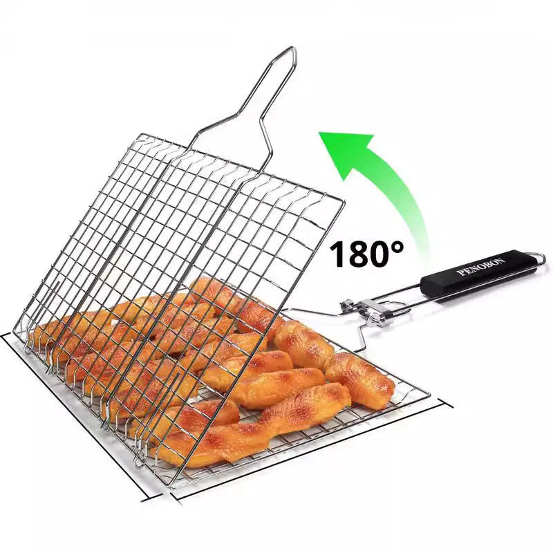 Square stainless steel folding barbecue mesh basket for grilling food outdoors.