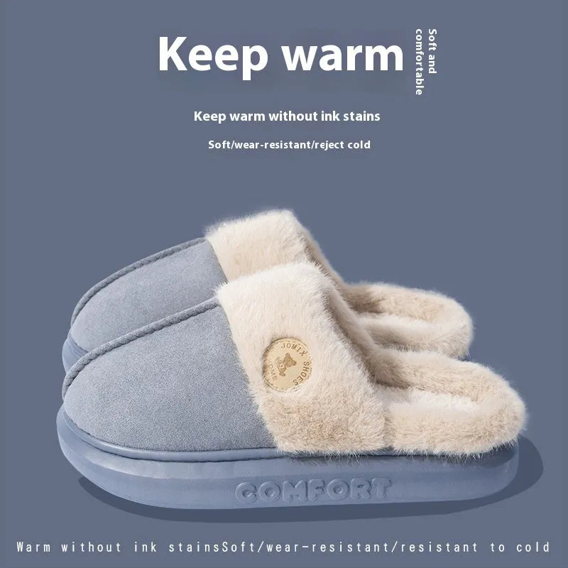 Plush winter home slippers for women and men with non-slip PVC sole, available in black, blue, brown, khaki, and pink.