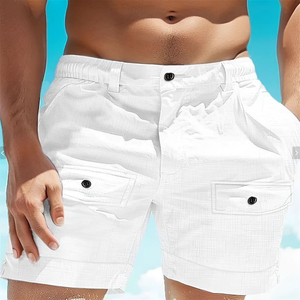 Men's linen shorts with elastic waistband and button pockets in white colour