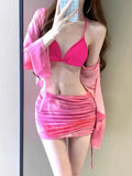Women's blue high-waist bikini four-piece swimsuit set showing shirt, bra, underwear, and skirt components