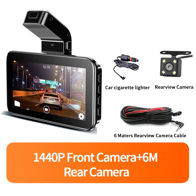 3-inch HD car dashboard camera DVR unit with separate rear camera and step-down cable for installation.