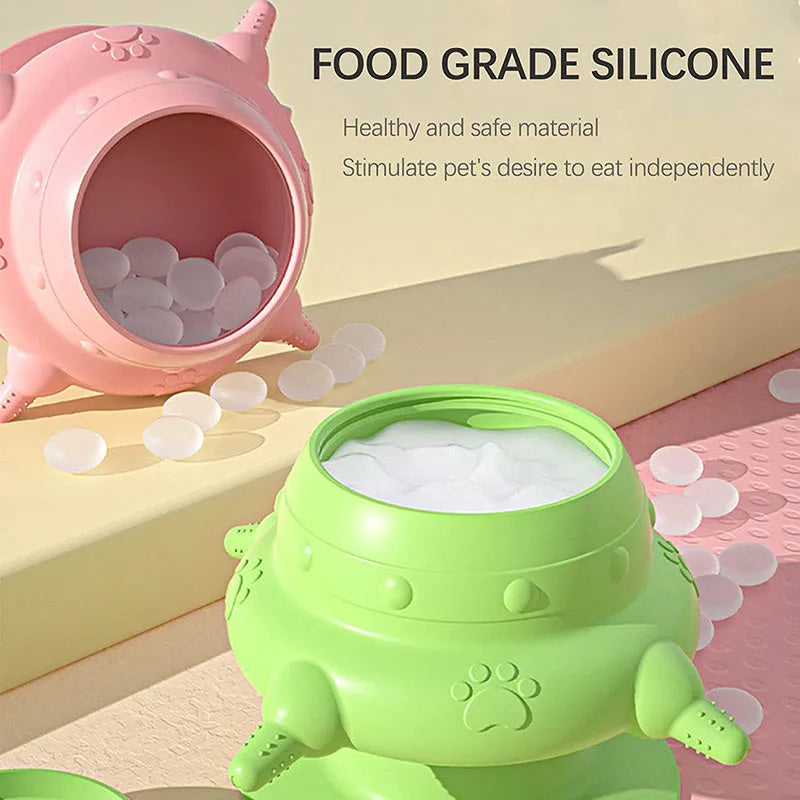 Pink silicone pet nursing bottle with breast-shaped milk bowl and four pacifiers for puppy and kitten feeding