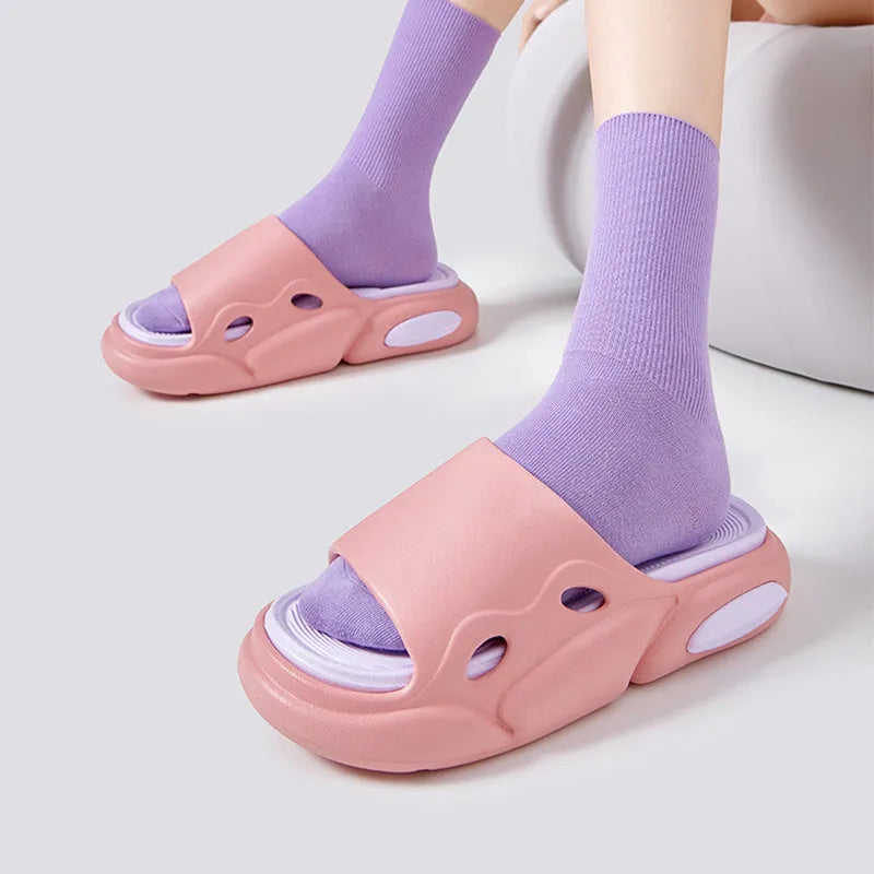 EVA thick-soled two-colour slippers for couples with leather lining shown in pink purple, white green, and black white colour options.