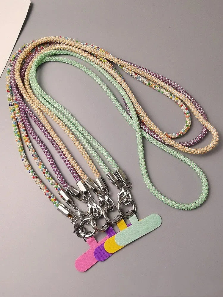 Handmade rhinestone mobile phone lanyard crossbody long in mixed colours with geometric design