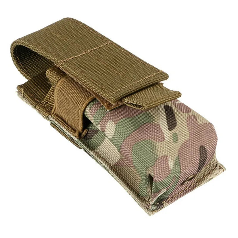 Tactical MOLLE pouch in army green with elastic cord closure, shown attached to webbing.