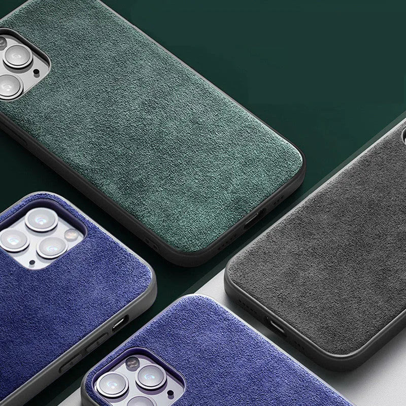 Suede iPhone case in dark blue colour showing back cover style for iPhone 13 Pro Max