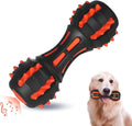 Red rubber dumbbell-shaped dog chew toy with squeaker for medium and large breed aggressive chewers.