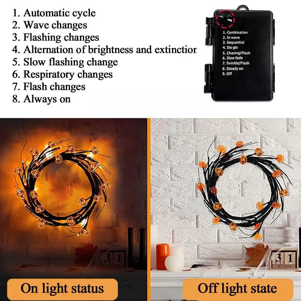 Halloween LED willow vine string light with 18 bat or pumpkin rattan lights, 100 LEDs and 2000 mm length