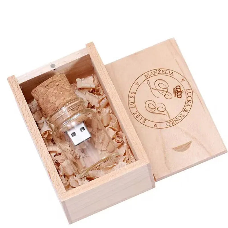 Transparent drift bottle USB flash drive with wooden stopper cap measuring 60mm tall