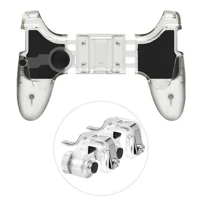 Black plug-in gamepad attached to an Android mobile phone for physical gaming controls.