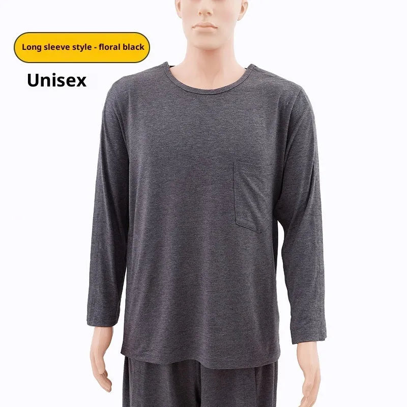 Cotton snap-button long-sleeve vest for post-operative arm fracture care, shown in black, grey, blue and multi-black colour options