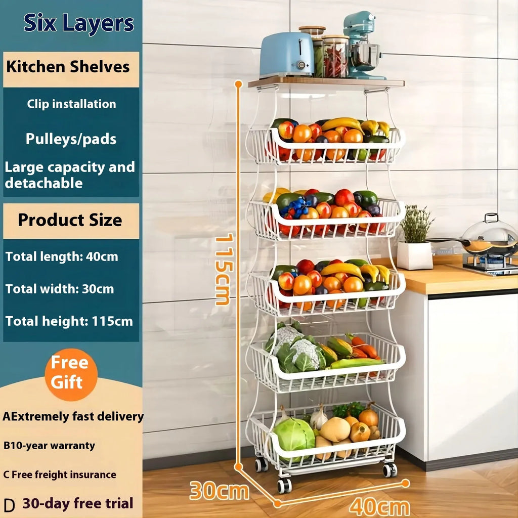 Black six-layer freestanding kitchen storage rack floor trolley with carbon steel frame