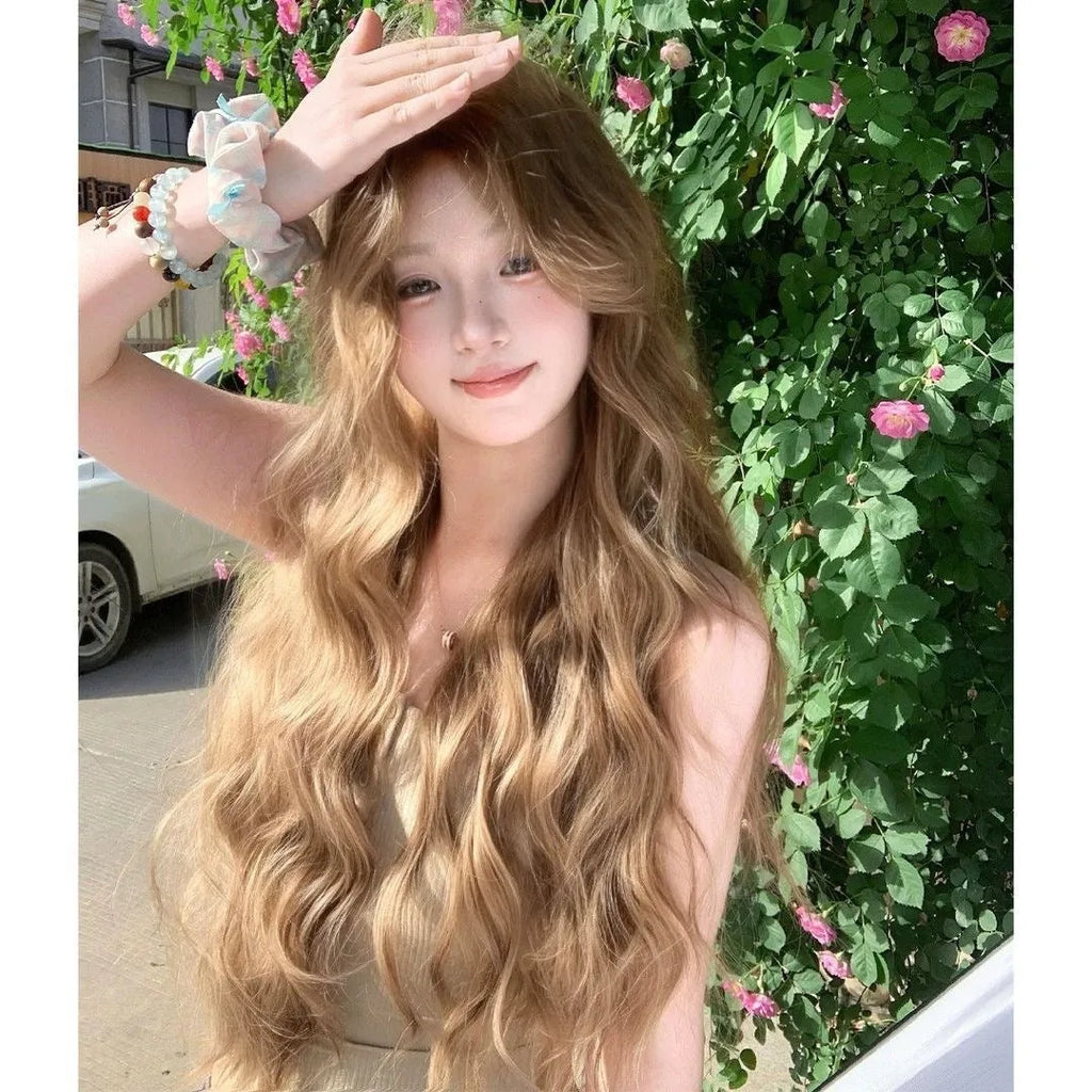 Linen brown synthetic wig with medium length curly style and included hair net