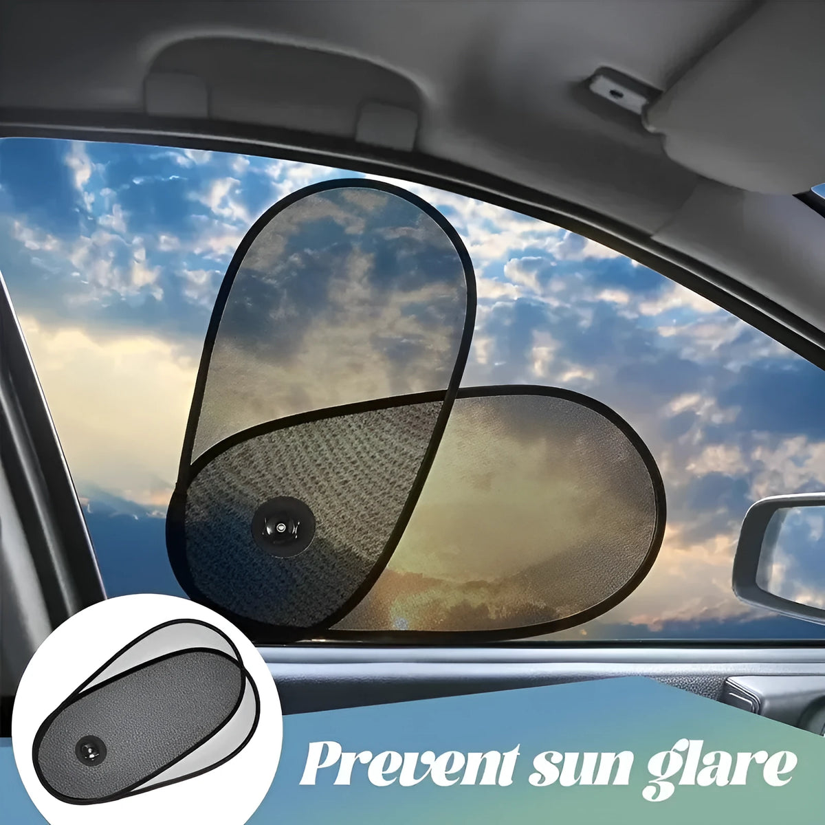 Black adjustable car window shade with suction cups mounted on vehicle side window