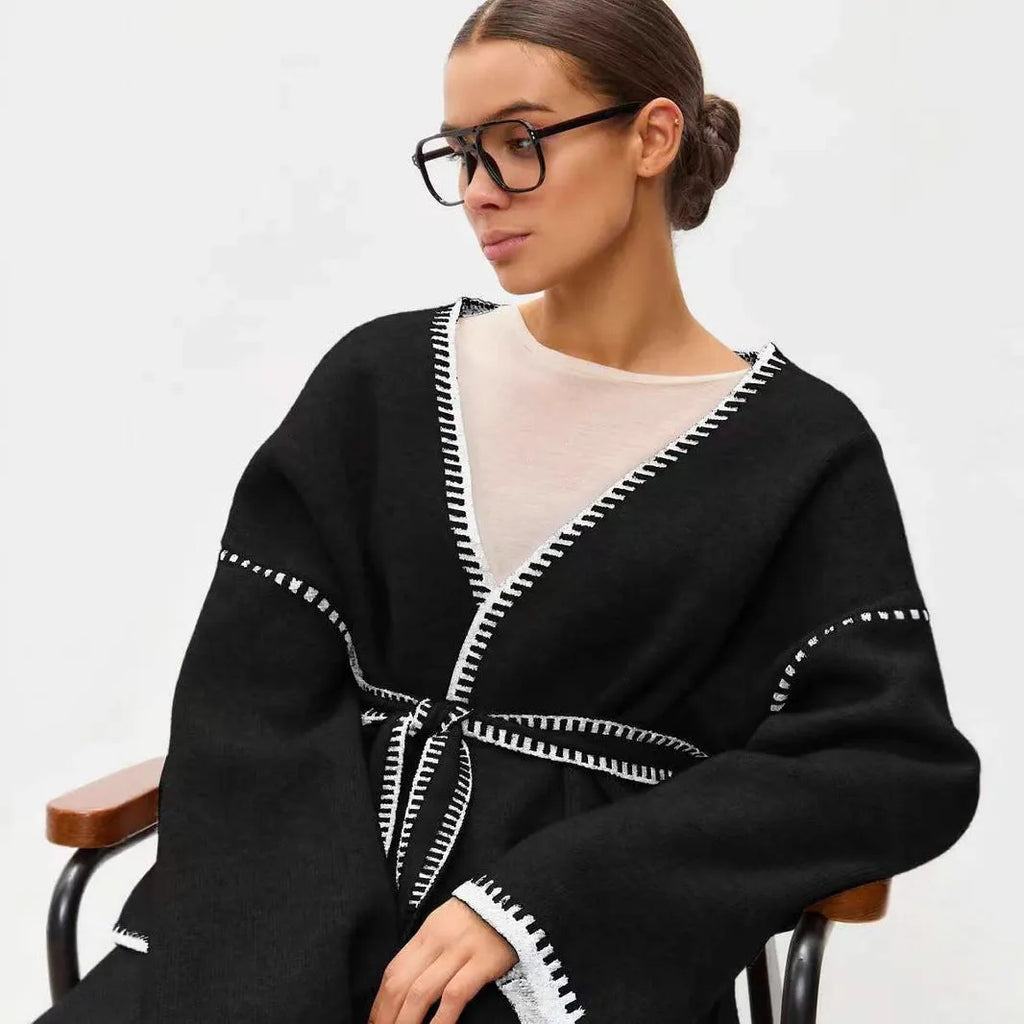 Lace-up front knitted cardigan in a thick imitation cashmere blend, shown in camel colour